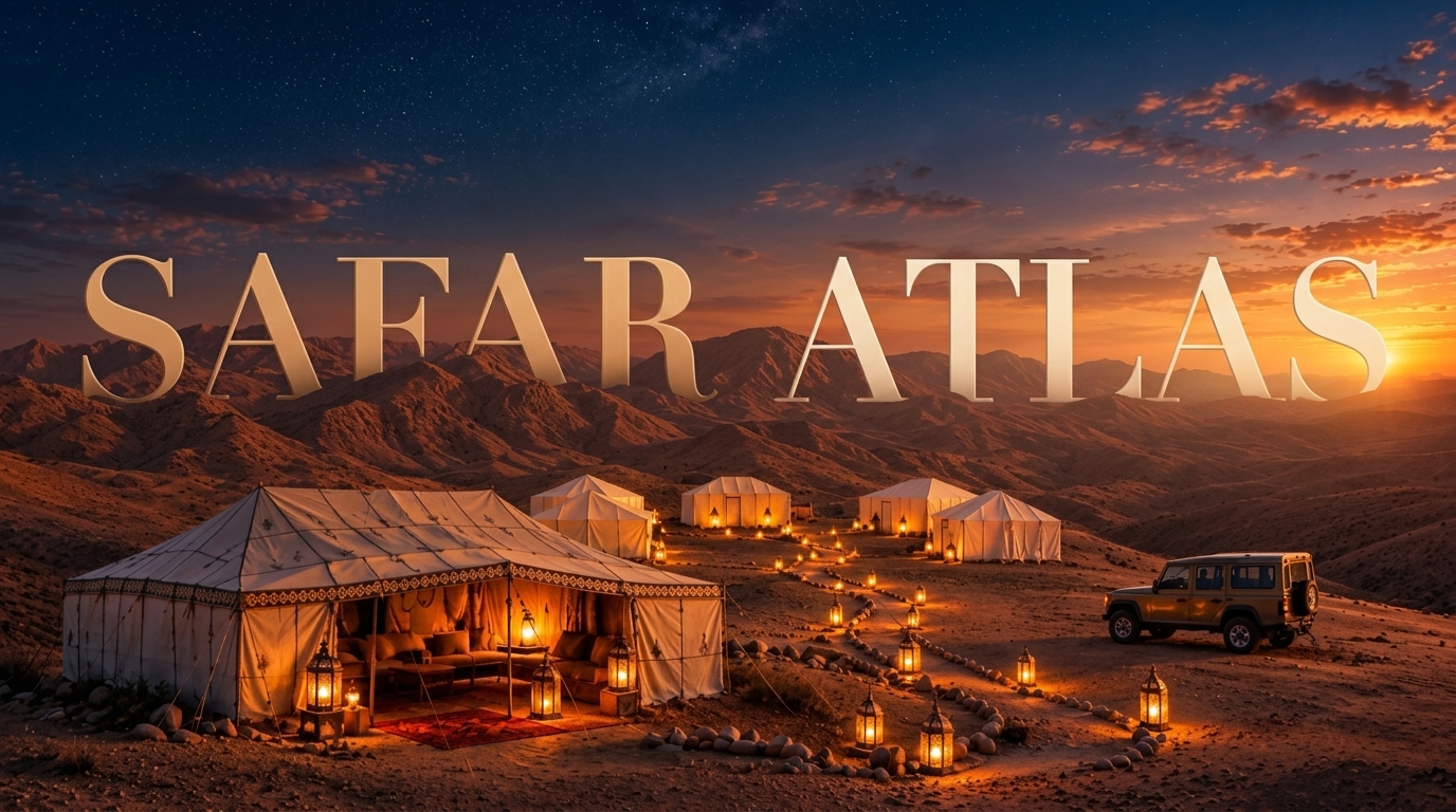 Atmospheric dusk across Morocco's Agafay desert with monumental Safar Atlas typography